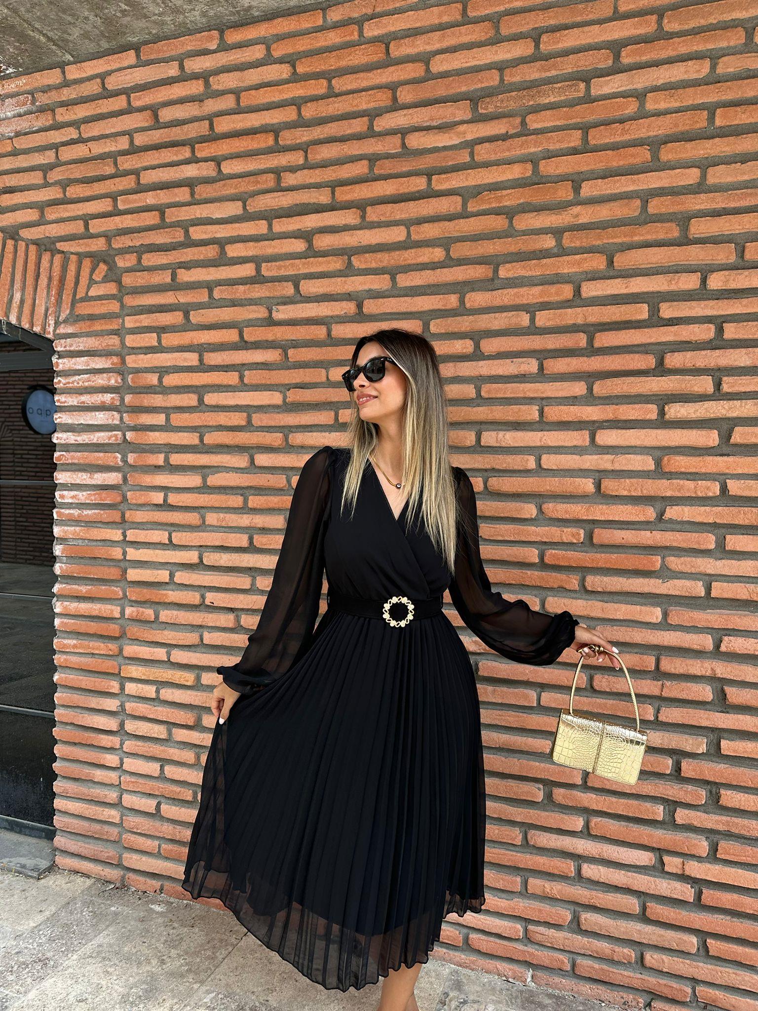 İnolia Kemeri Taşlı Kruvaze Şifon Sİyah Elbise 0706211105