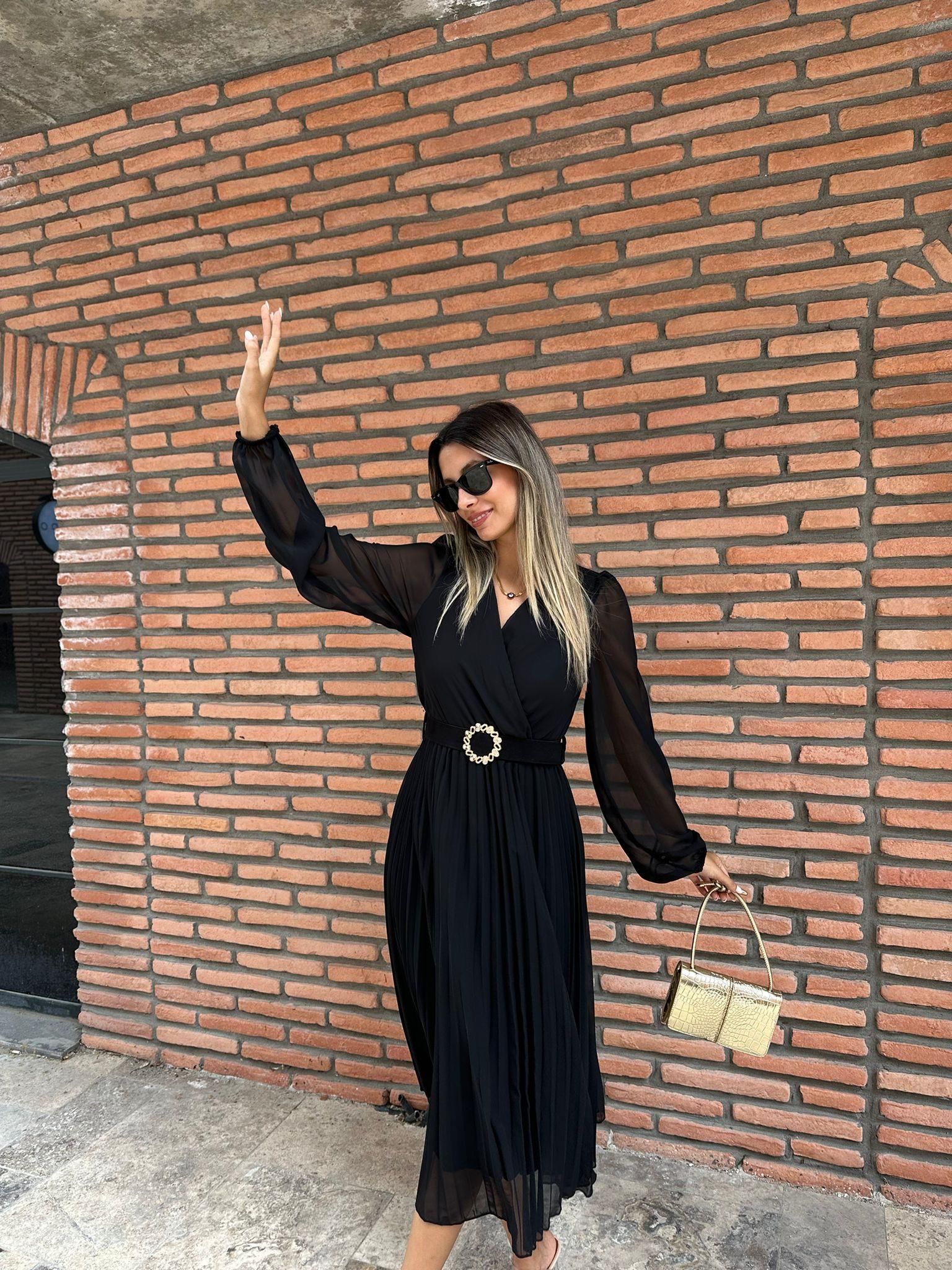 İnolia Kemeri Taşlı Kruvaze Şifon Sİyah Elbise 0706211105