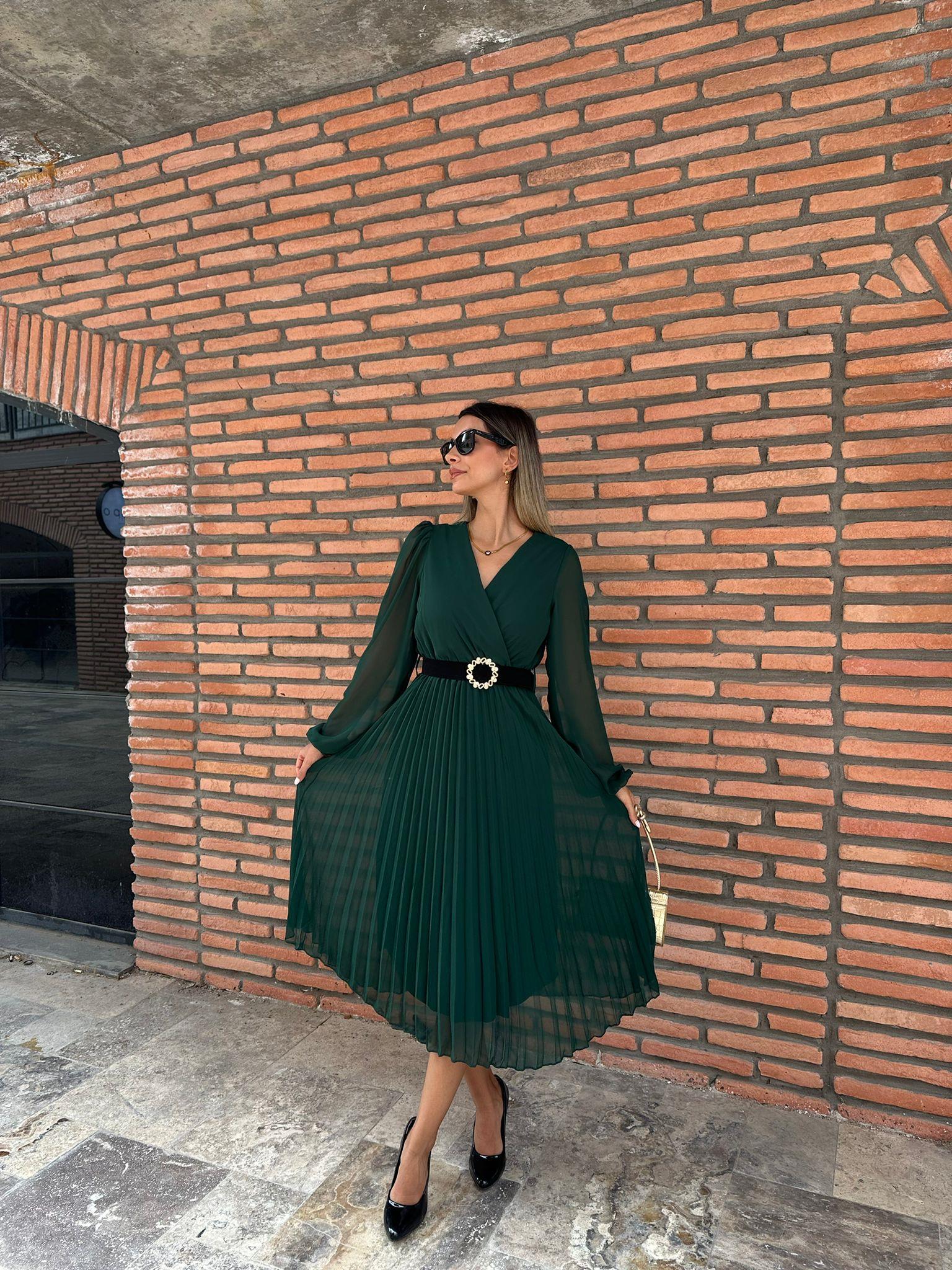İnolia Kemeri Taşlı Kruvaze Şifon Yeşil Elbise 0706211105