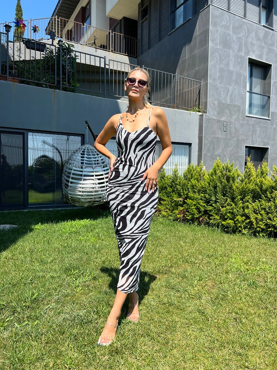 İp Askı Astarlı Zebra Desenli Elbise