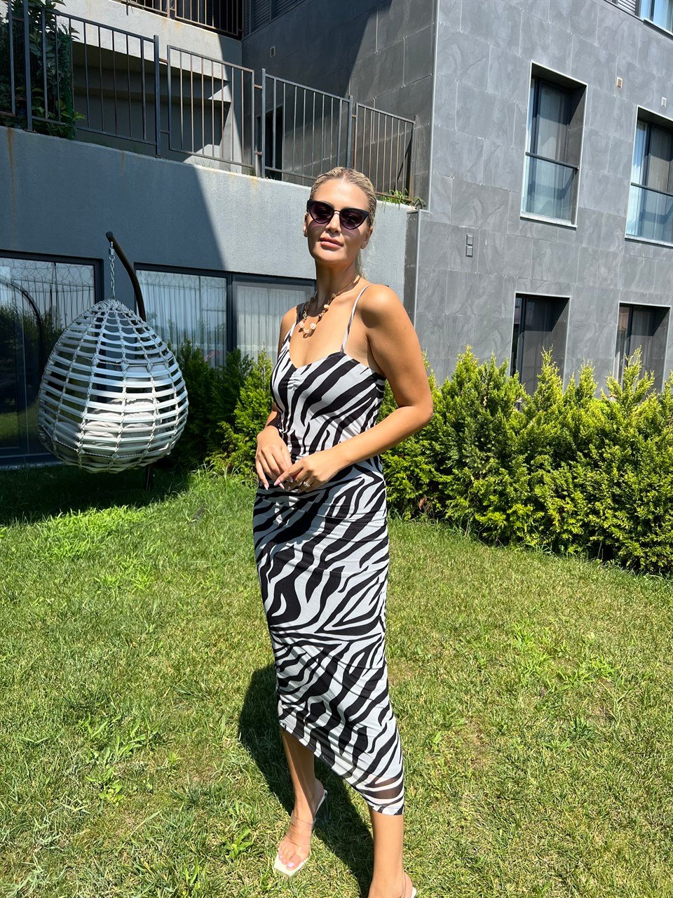 İp Askı Astarlı Zebra Desenli Elbise
