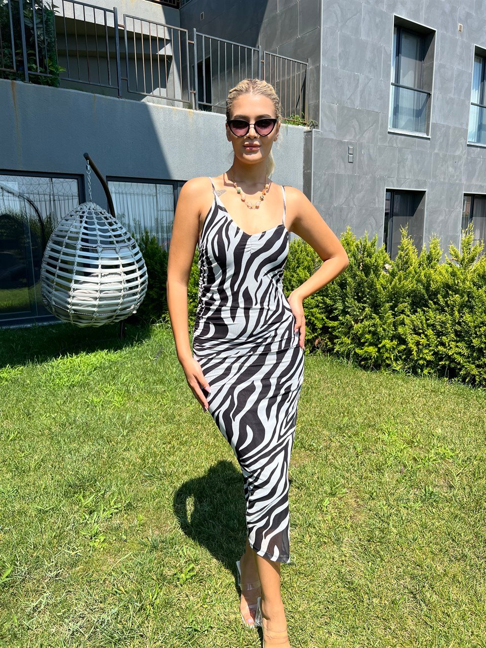 İp Askı Astarlı Zebra Desenli Elbise