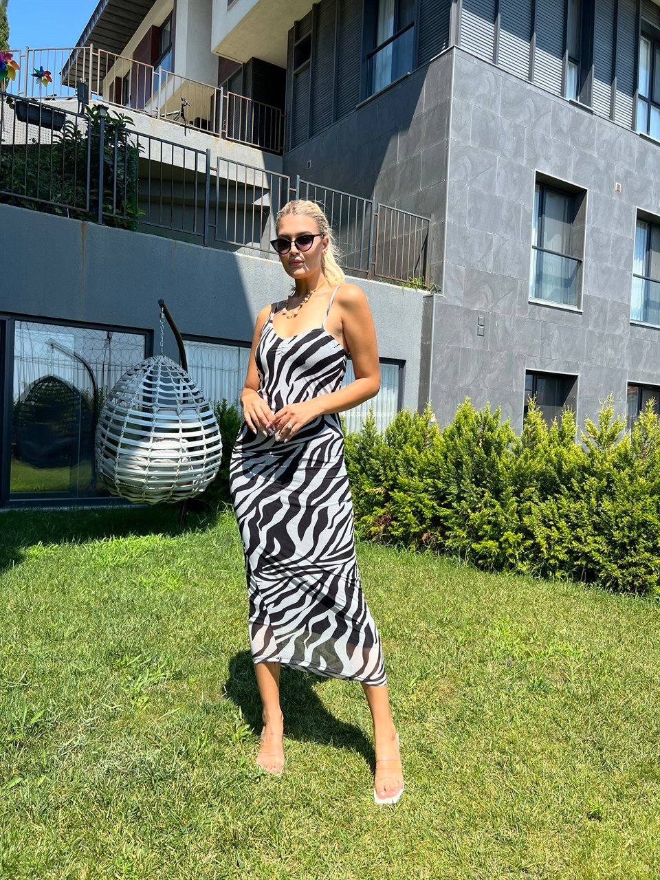 İp Askı Astarlı Zebra Desenli Elbise