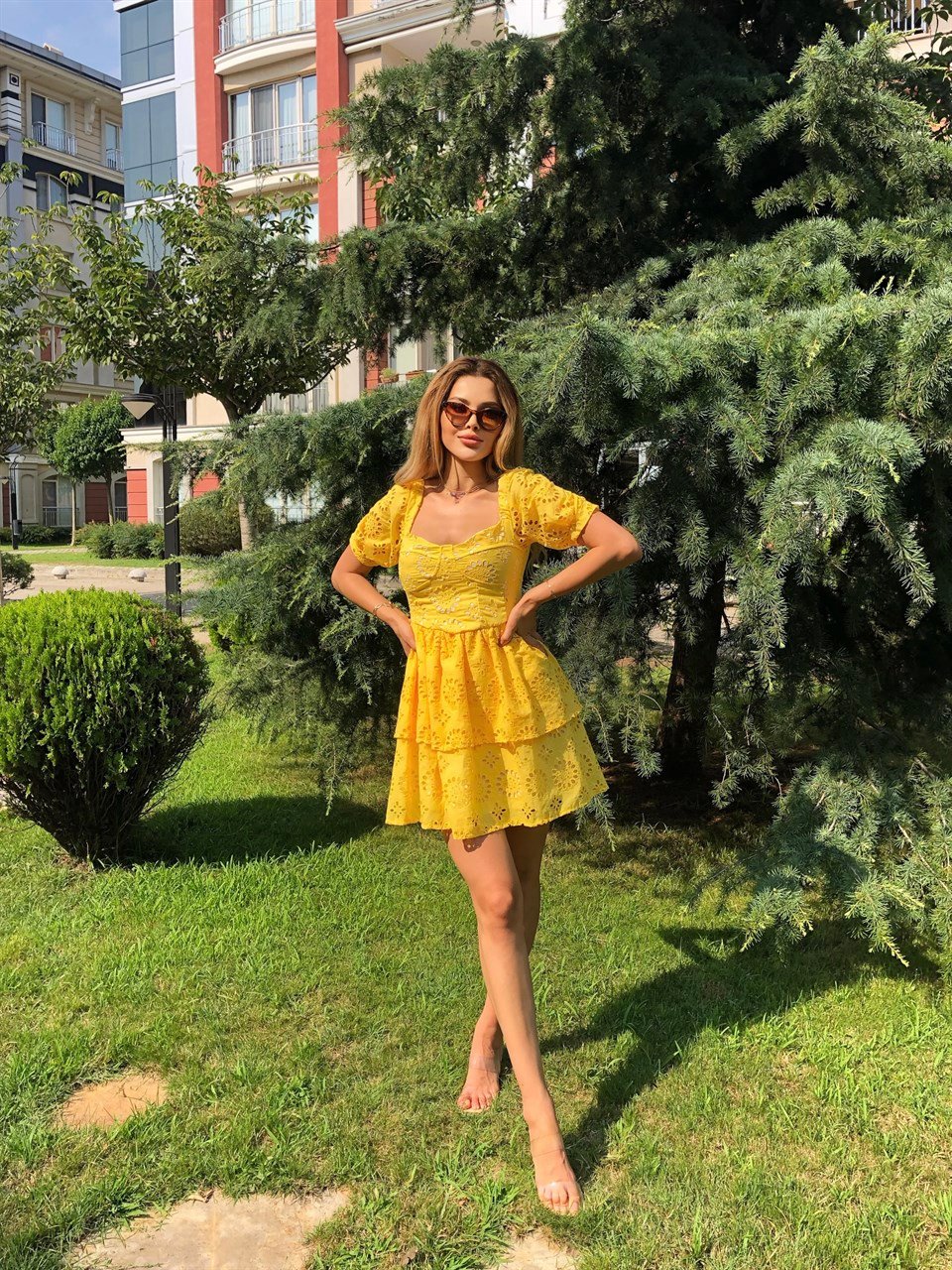 İthal Full Güpür Hardal Elbise