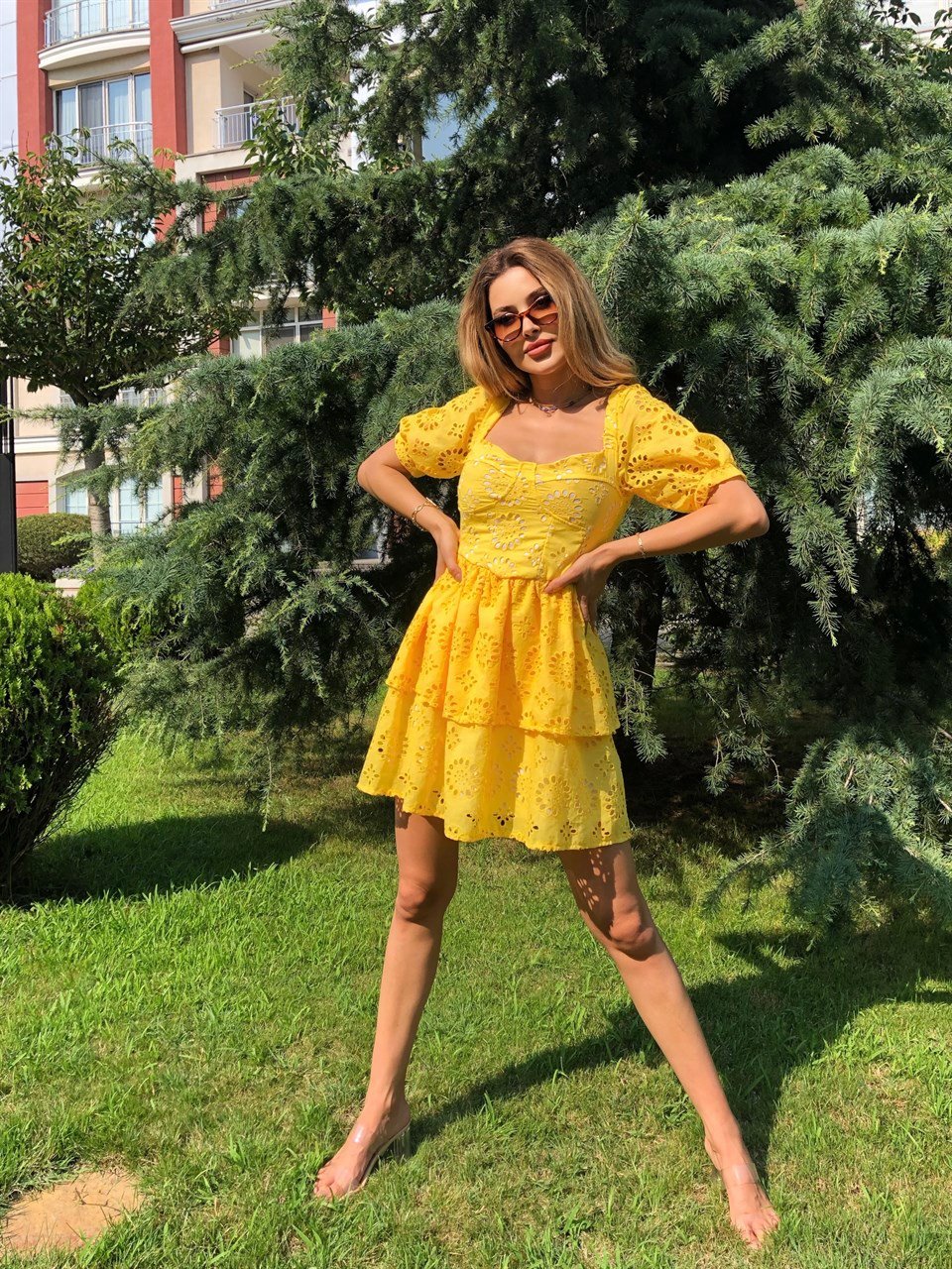 İthal Full Güpür Hardal Elbise