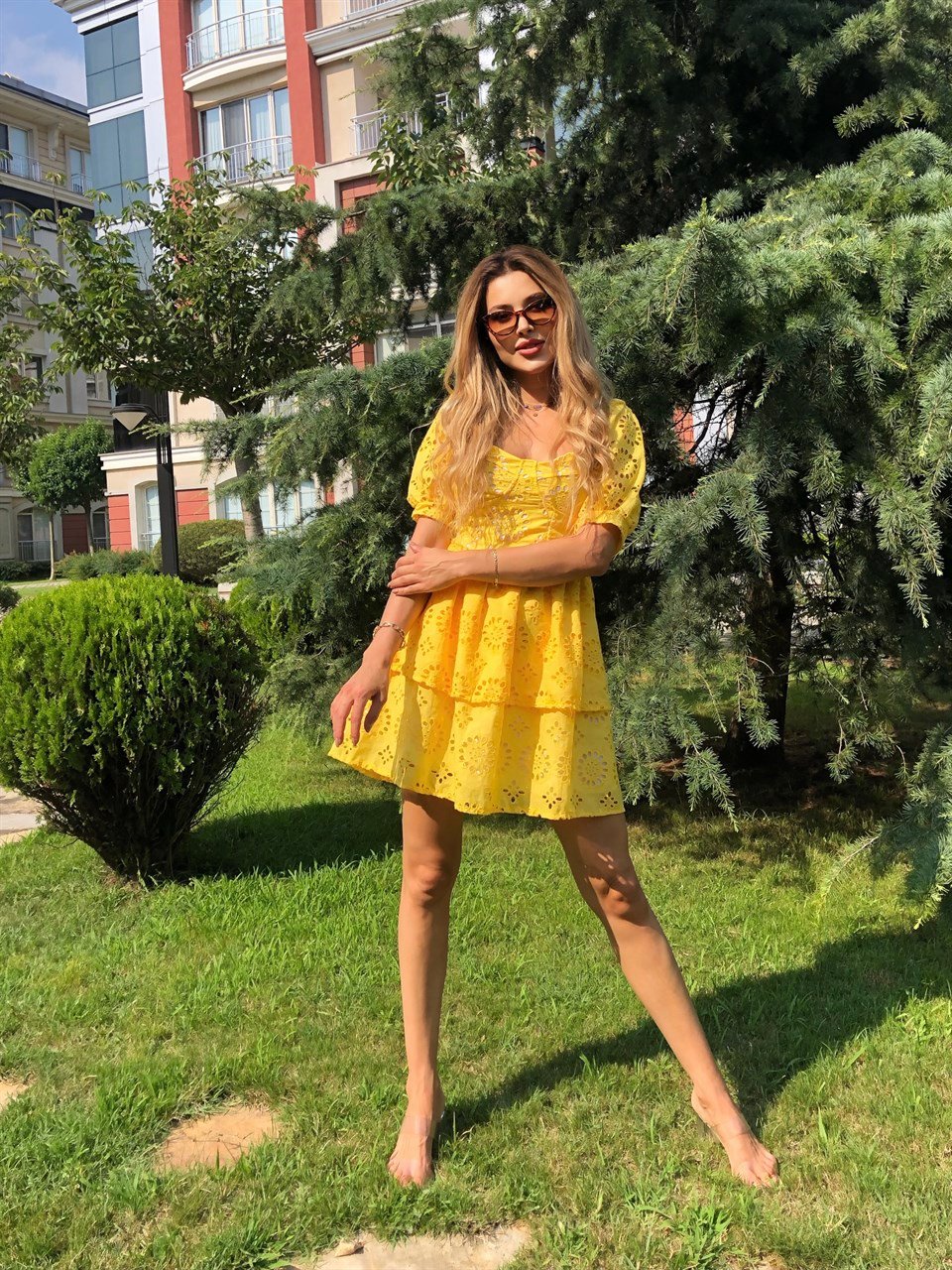 İthal Full Güpür Hardal Elbise