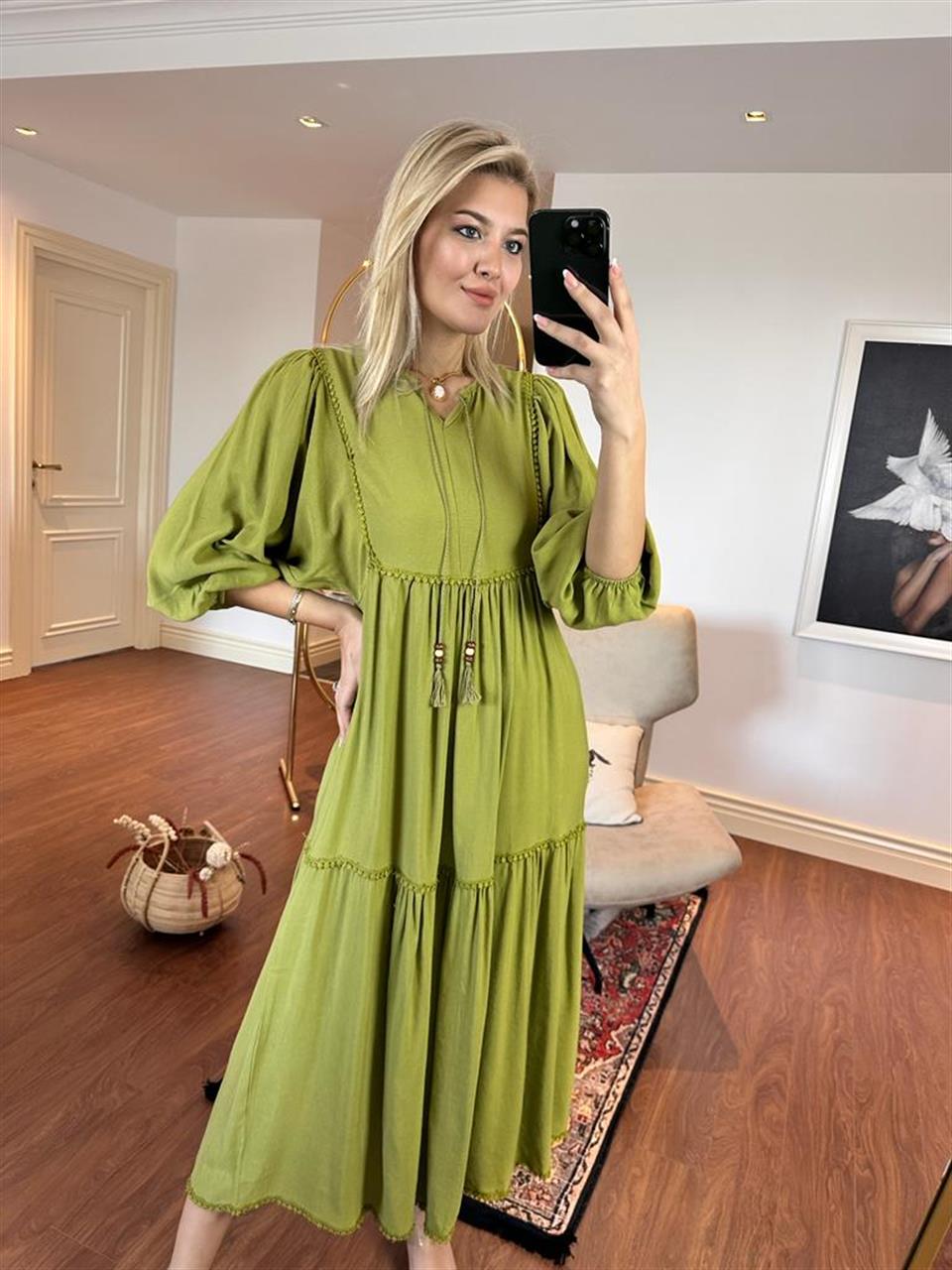 İthal Model Boncuk Detay Ham Keten Elbise Yeşil 1005225