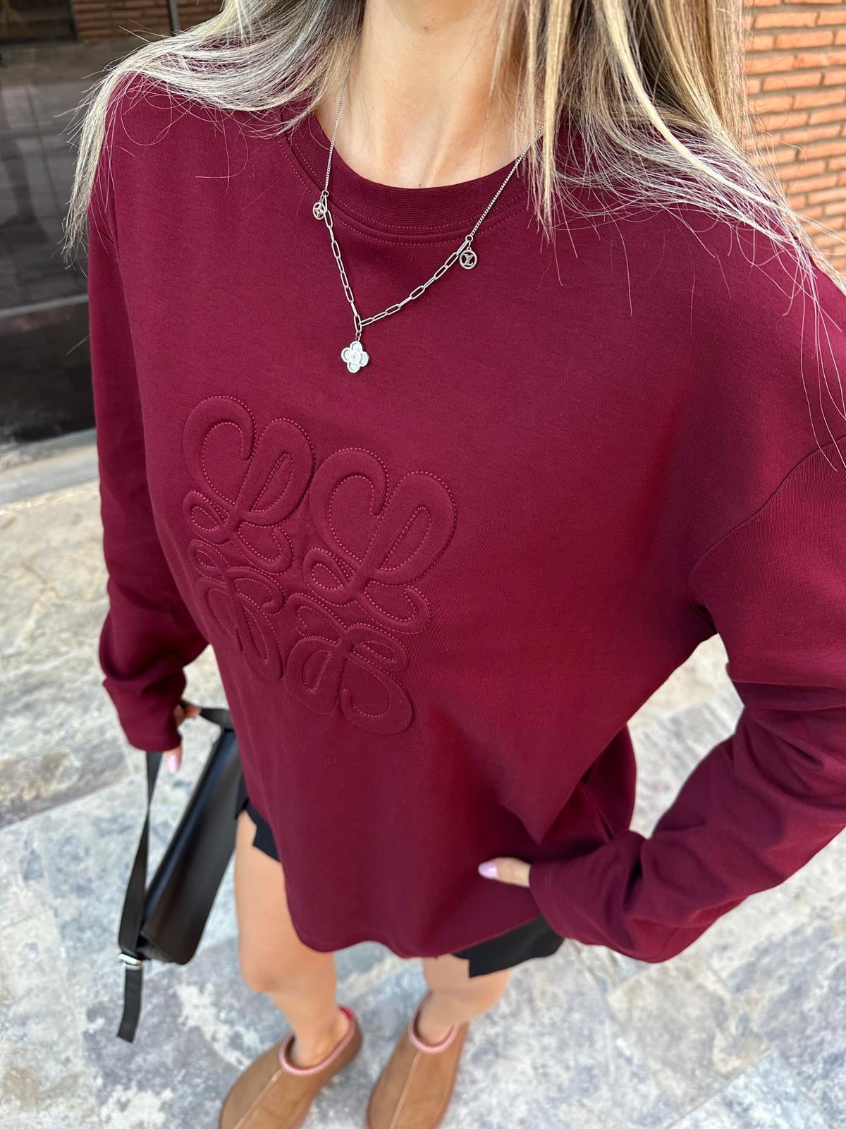 Kabartma Baskı Uzun Kol Sweat Bordo swt2023styq