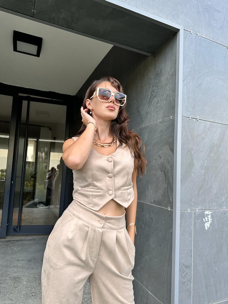 Kadife Yelekli Takım Krem 1707359