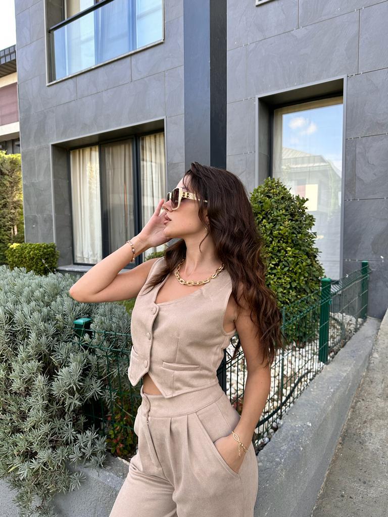 Kadife Yelekli Takım Krem 1707359