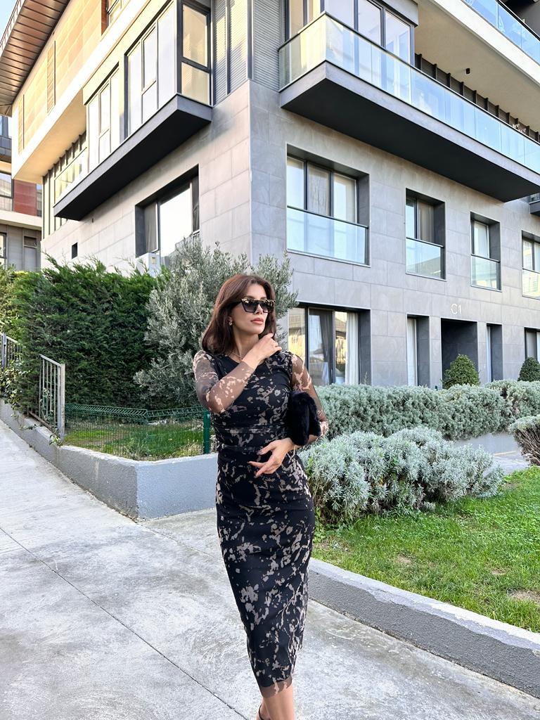 Kahve Desenli Tül Elbise 1707472