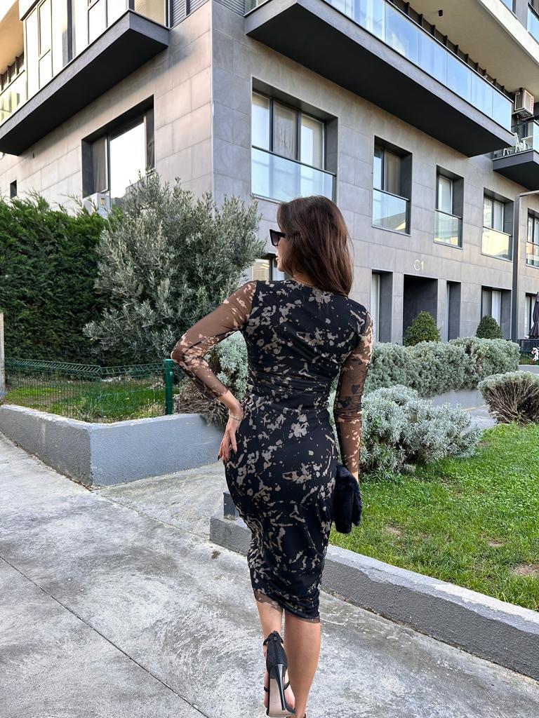 Kahve Desenli Tül Elbise 1707472