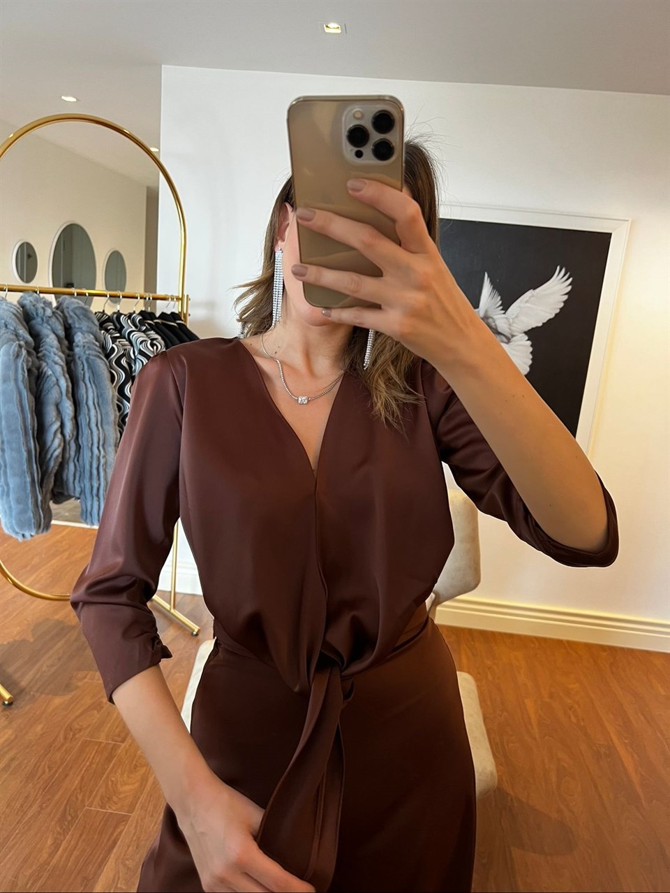 Kahverengi Saten Pantolon Bluz Takım 50686