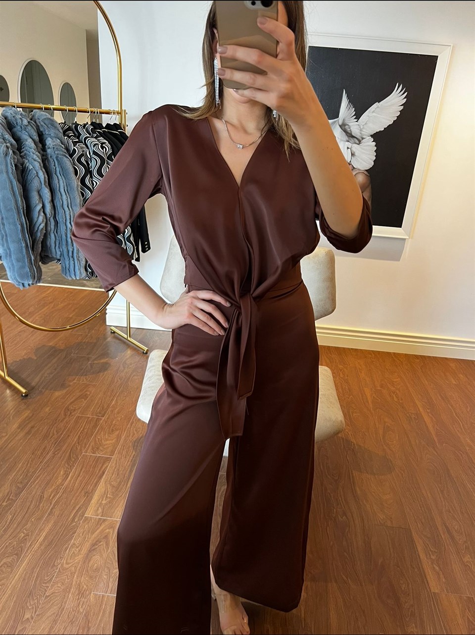 Kahverengi Saten Pantolon Bluz Takım 50686