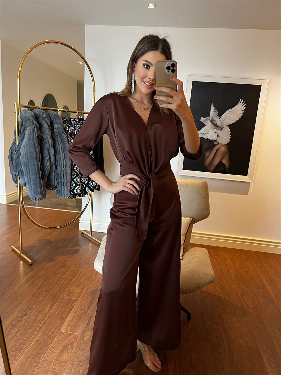 Kahverengi Saten Pantolon Bluz Takım 50686