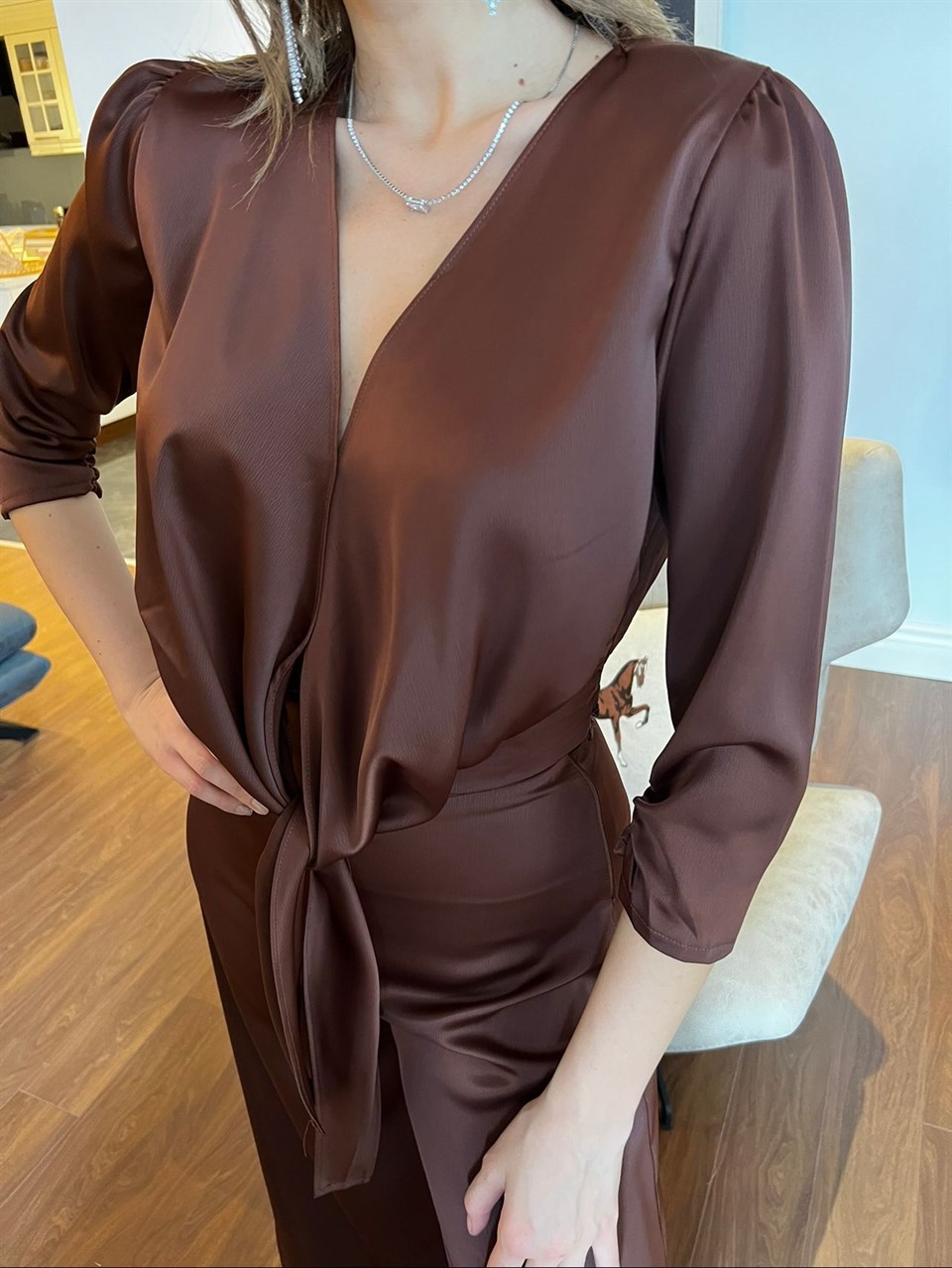 Kahverengi Saten Pantolon Bluz Takım 50686