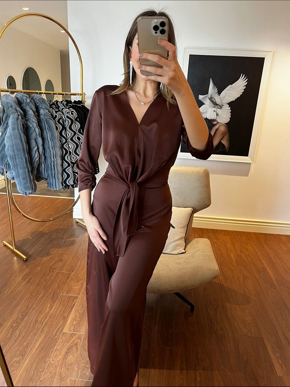 Kahverengi Saten Pantolon Bluz Takım 50686