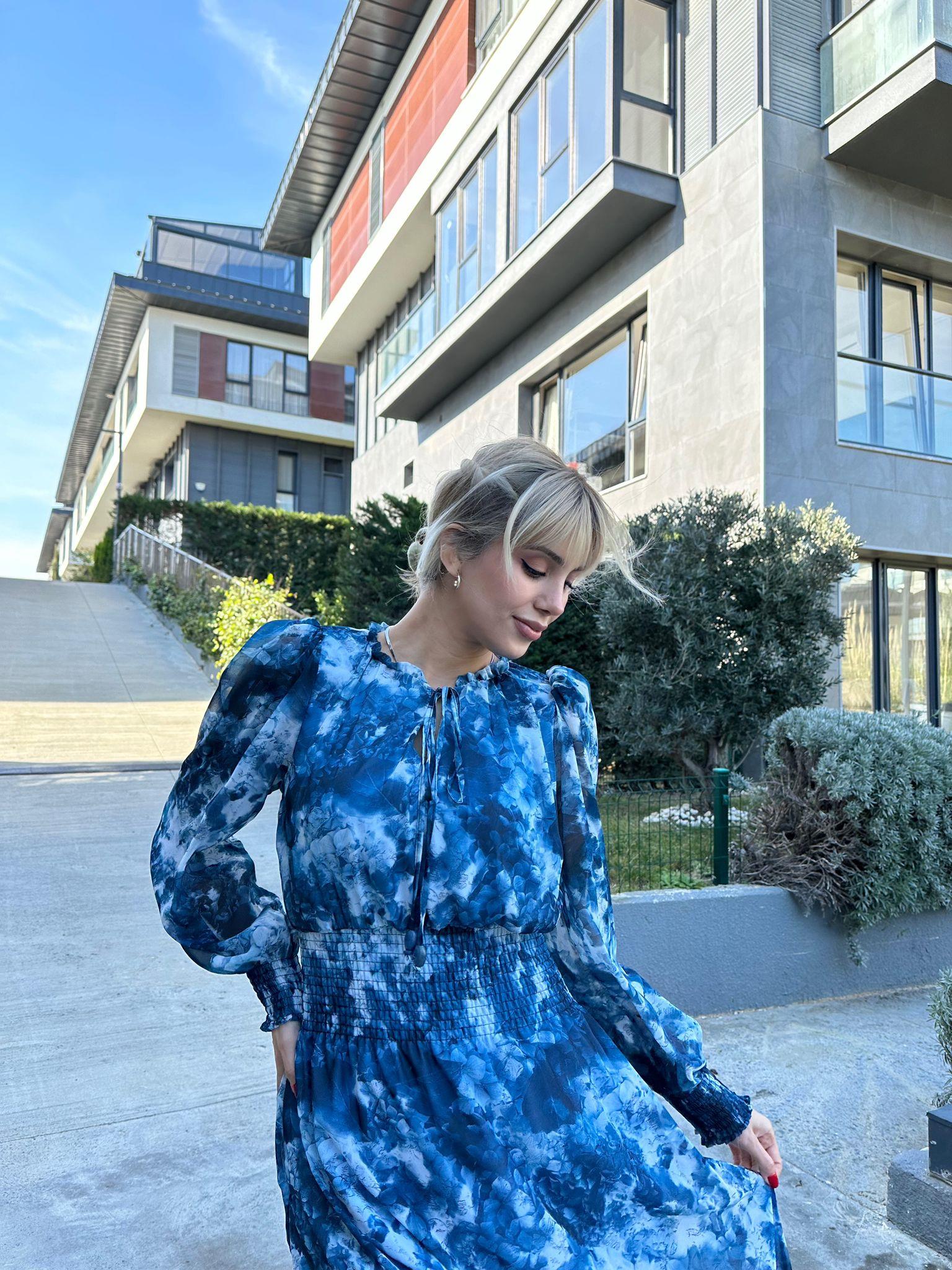 Kanny Bel Lastikli Astarlı Şİfon Elbise Mavi  17074523