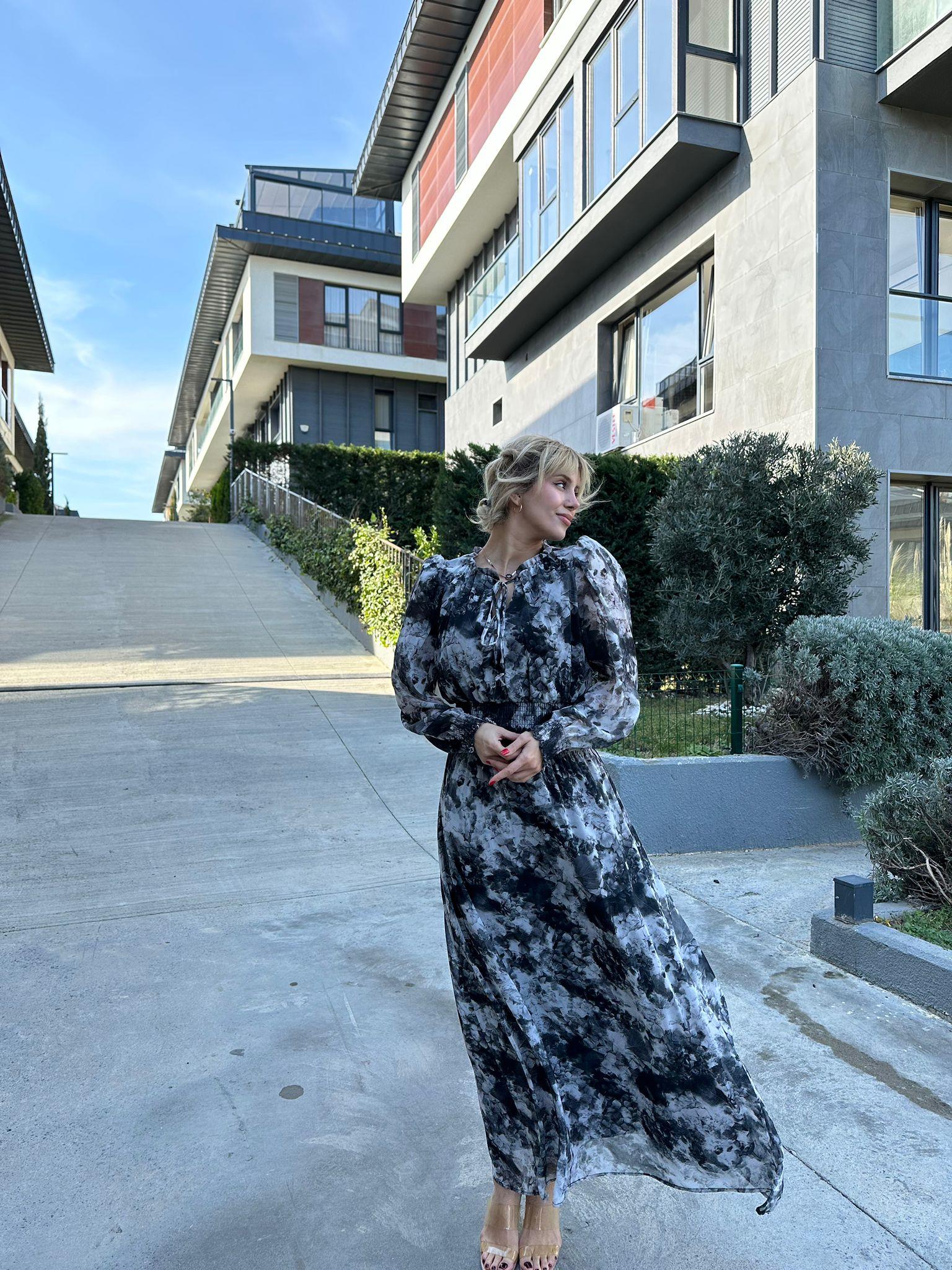 Kanny Bel Lastikli Astarlı Şİfon Elbise Siyah 17074523