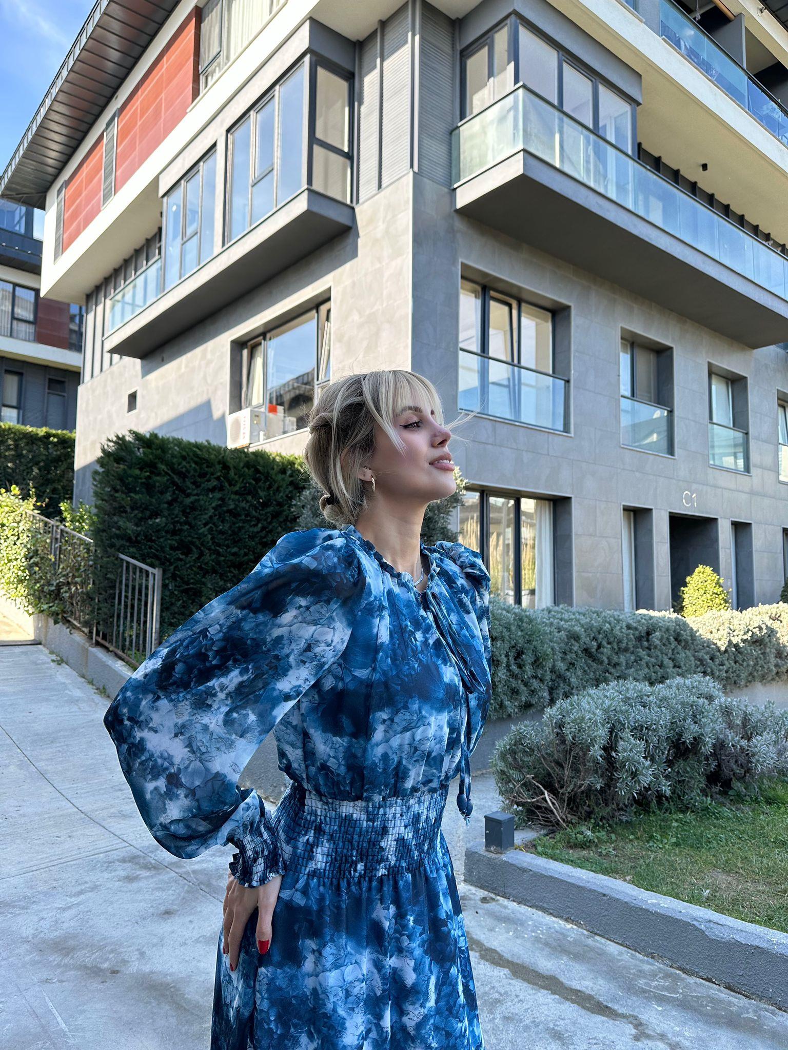 Kanny Bel Lastikli Astarlı Şİfon Elbise Mavi  17074523
