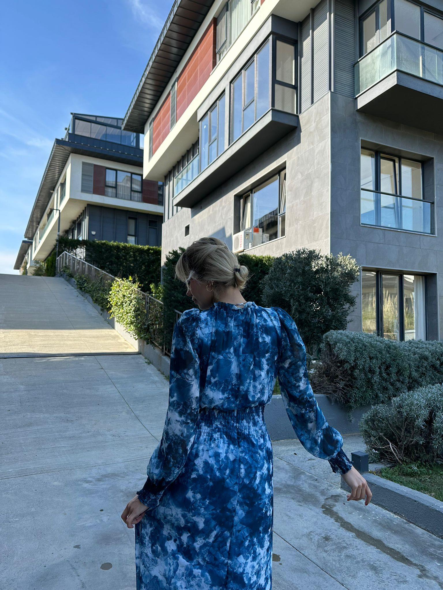 Kanny Bel Lastikli Astarlı Şİfon Elbise Mavi  17074523