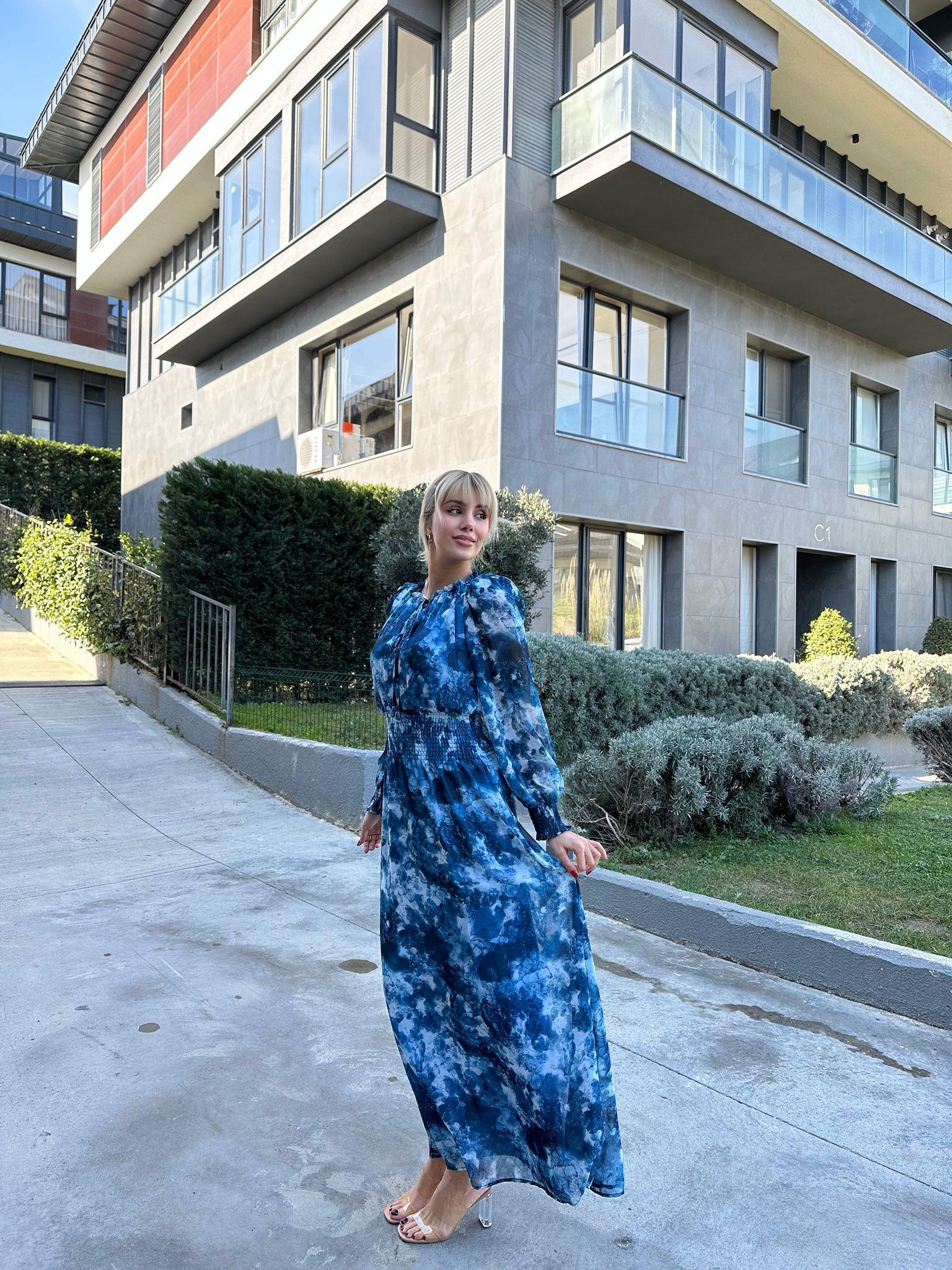 Kanny Bel Lastikli Astarlı Şİfon Elbise Mavi  17074523