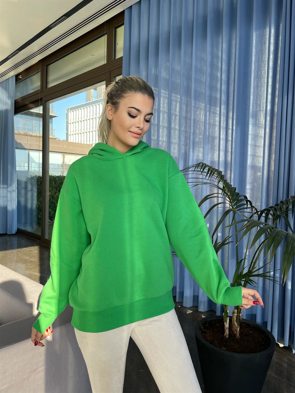 Kapüşonlu Benetton Yeşili İthal Sweat