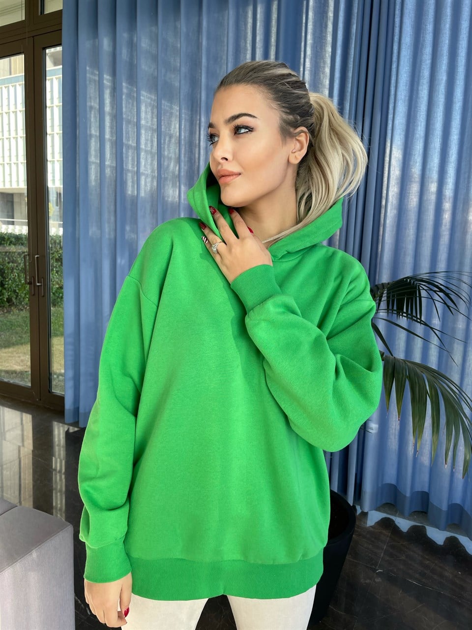 Kapüşonlu Benetton Yeşili İthal Sweat