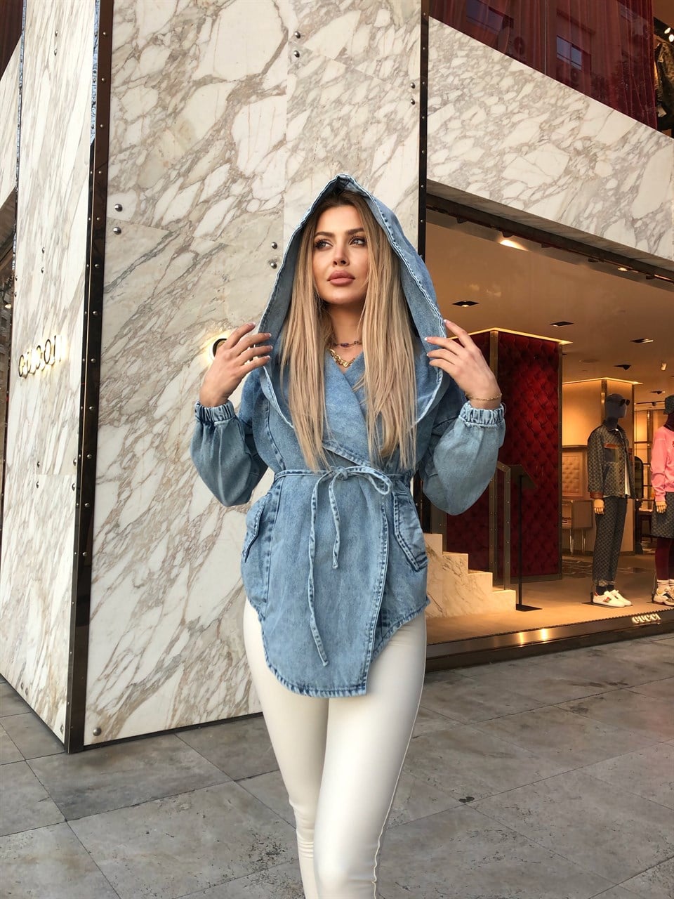 Kapüşonlu Kuşaklı Jean Ceket