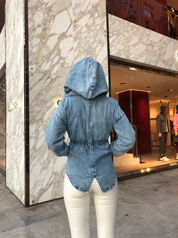 Kapüşonlu Kuşaklı Jean Ceket