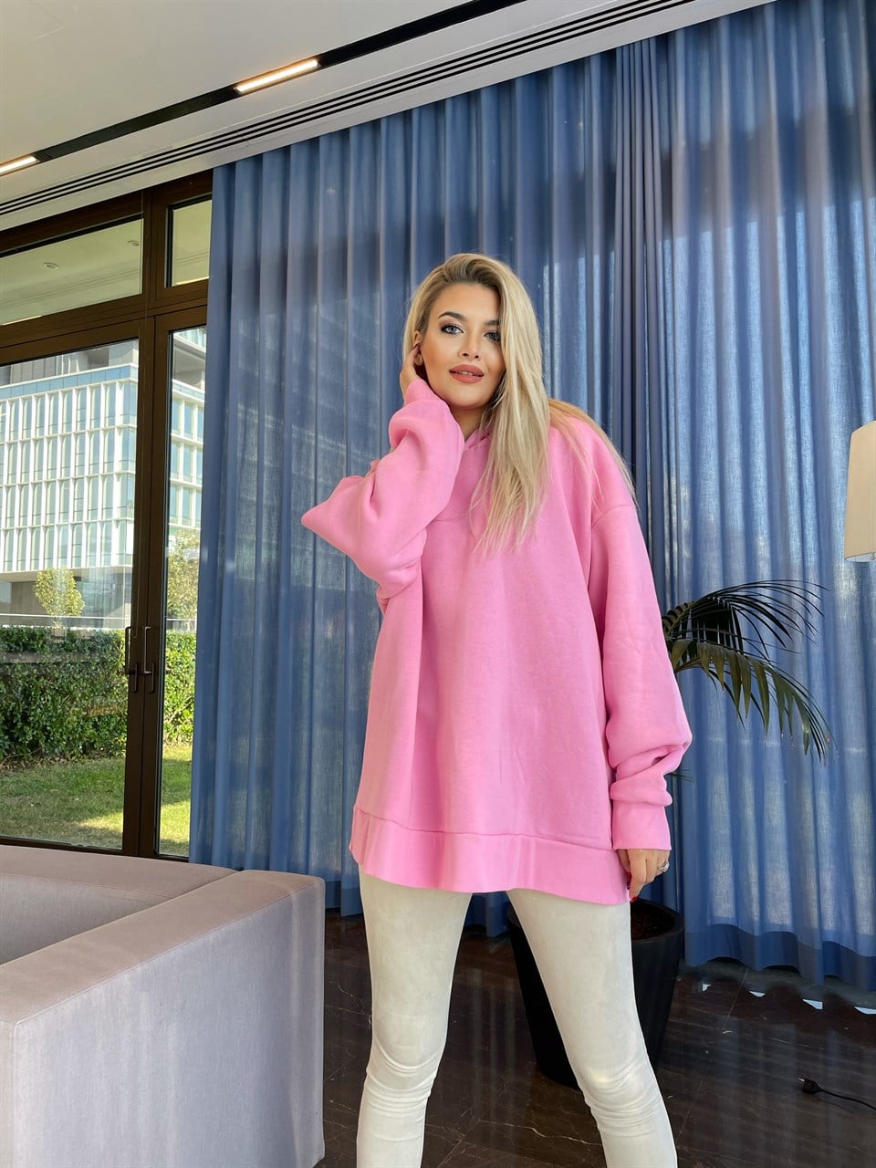 Kapüşonlu Pembe İthal Sweat