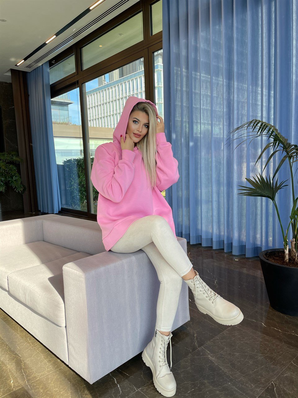 Kapüşonlu Pembe İthal Sweat