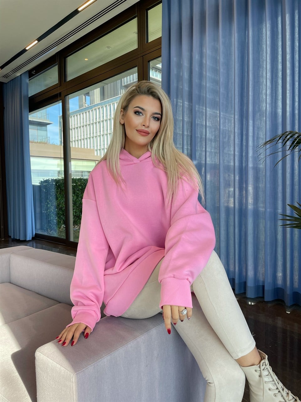 Kapüşonlu Pembe İthal Sweat