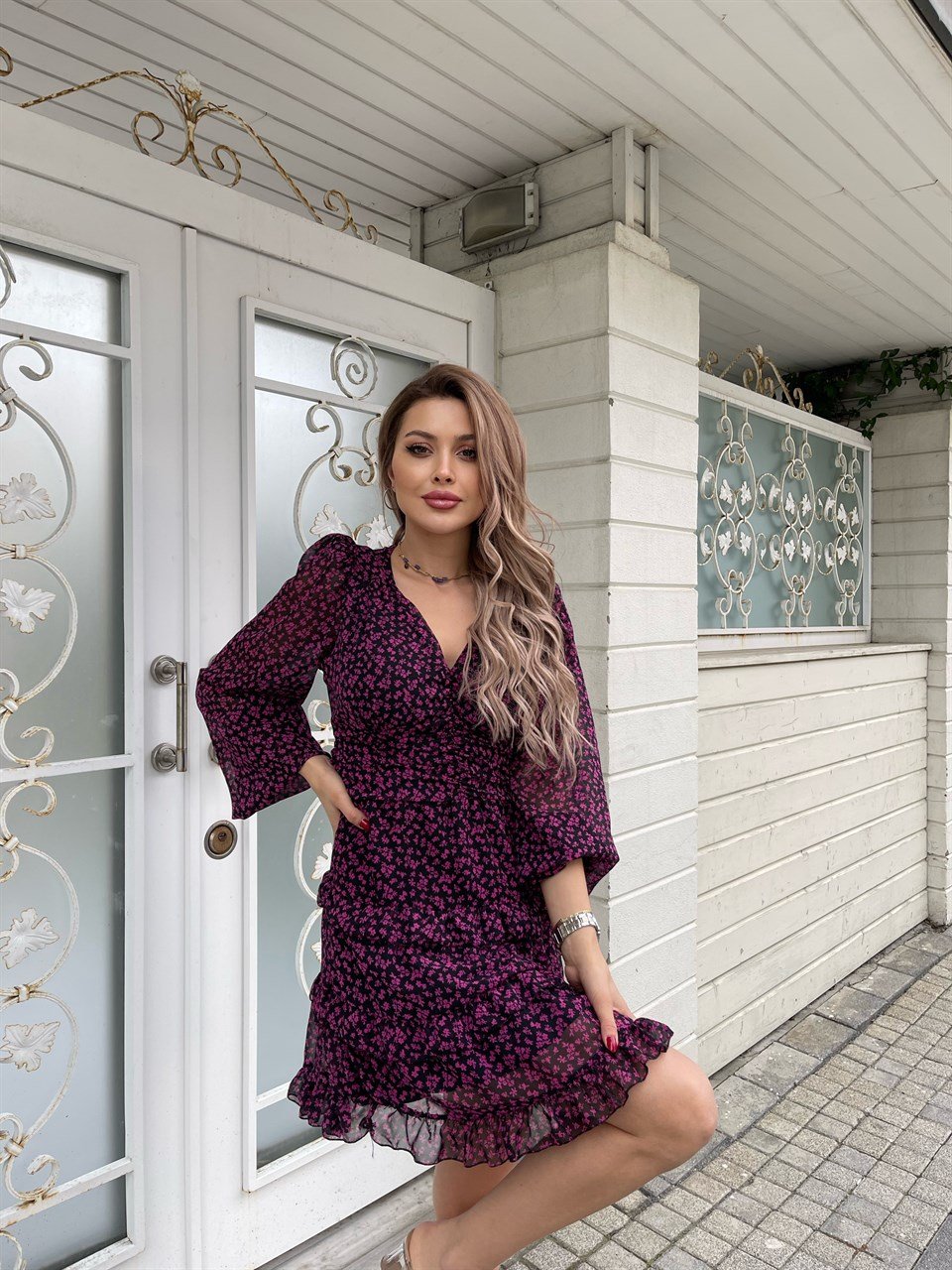 Kat Kat Astarlı Şifon Pembe Çiçekli Elbise