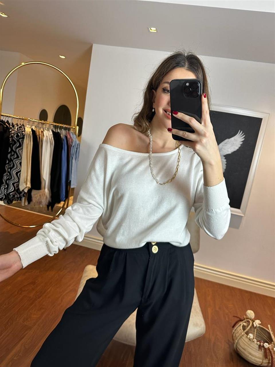 Kayık Yaka Baharlık Elit İnce Triko Beyaz 230252
