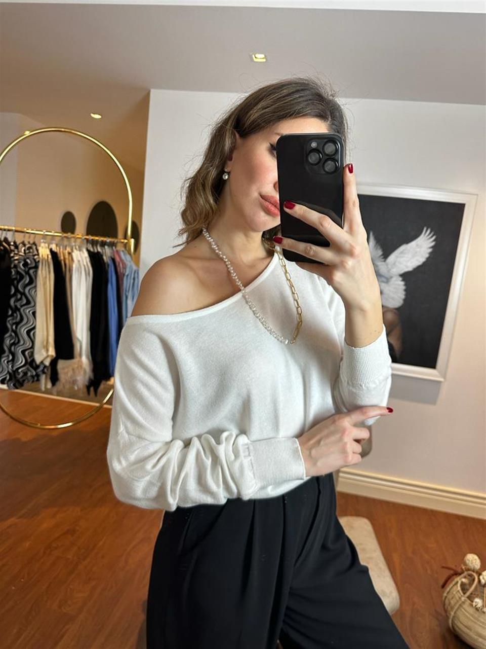 Kayık Yaka Baharlık Elit İnce Triko Beyaz 230252