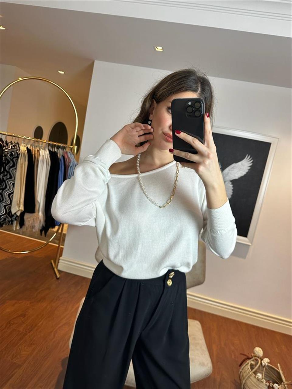 Kayık Yaka Baharlık Elit İnce Triko Beyaz 230252