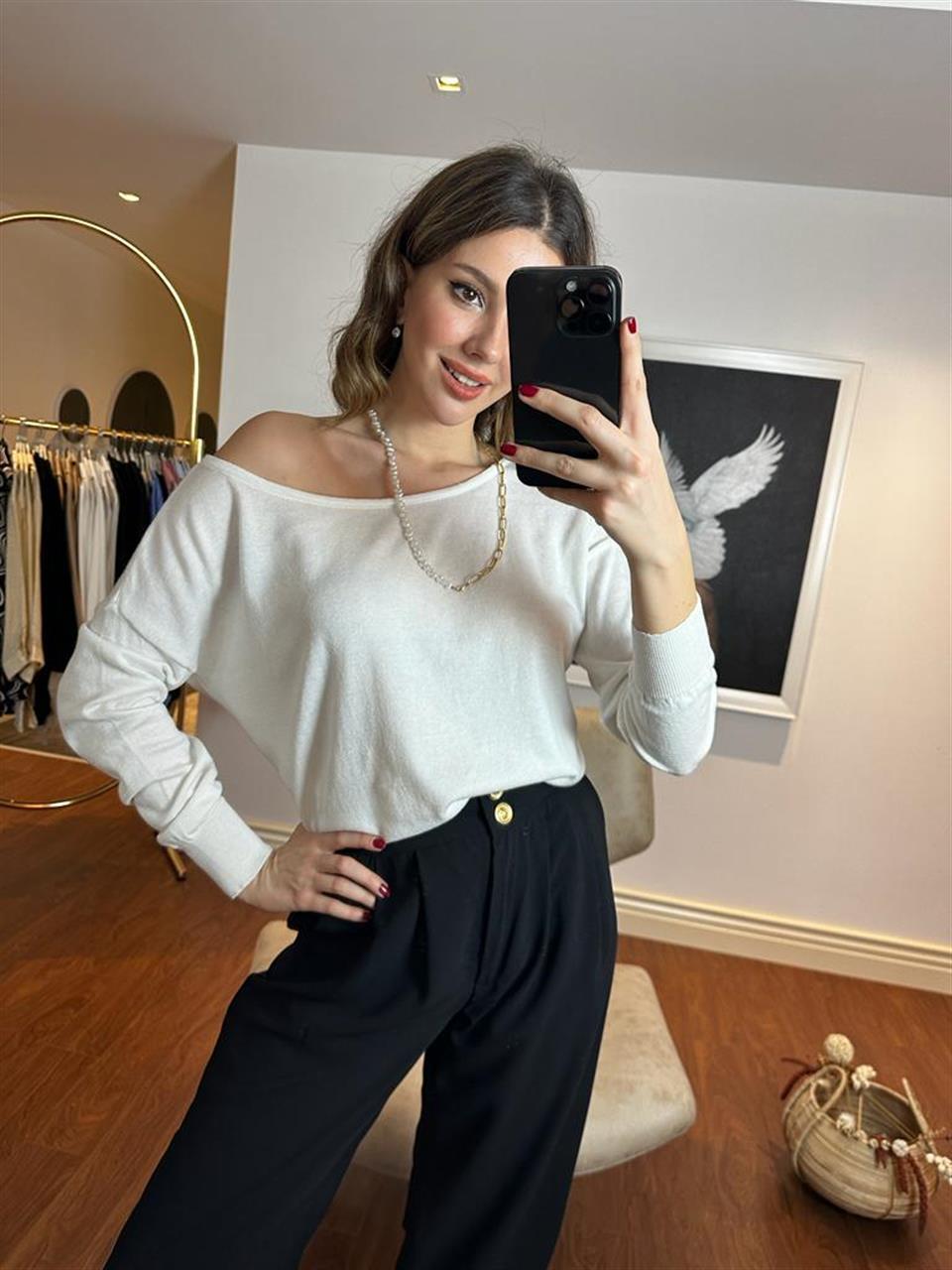 Kayık Yaka Baharlık Elit İnce Triko Beyaz 230252