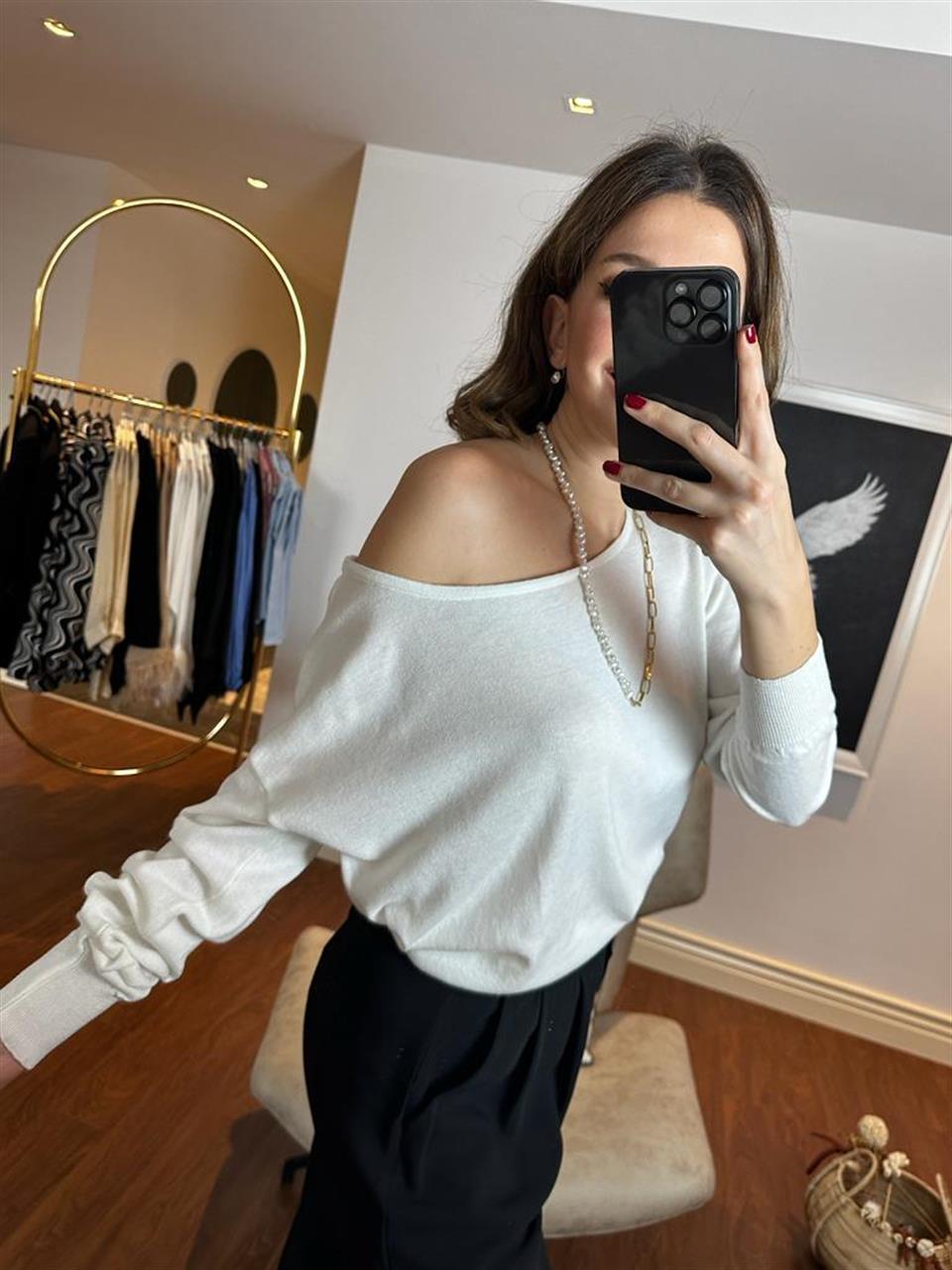Kayık Yaka Baharlık Elit İnce Triko Beyaz 230252