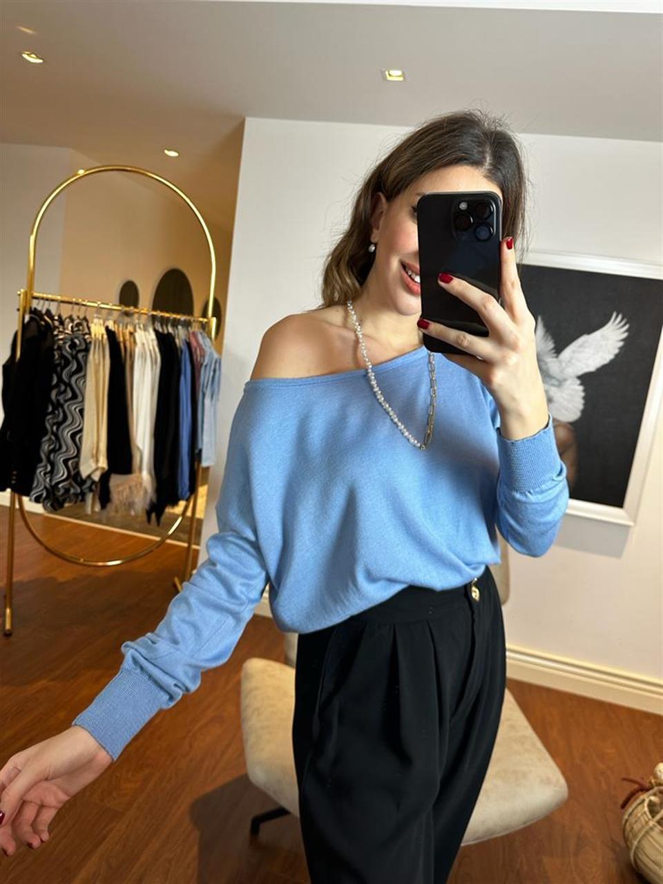 Kayık Yaka Baharlık Elit İnce Triko Mavi 230252