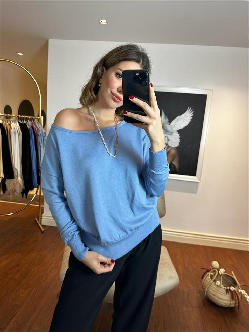 Kayık Yaka Baharlık Elit İnce Triko Mavi 230252