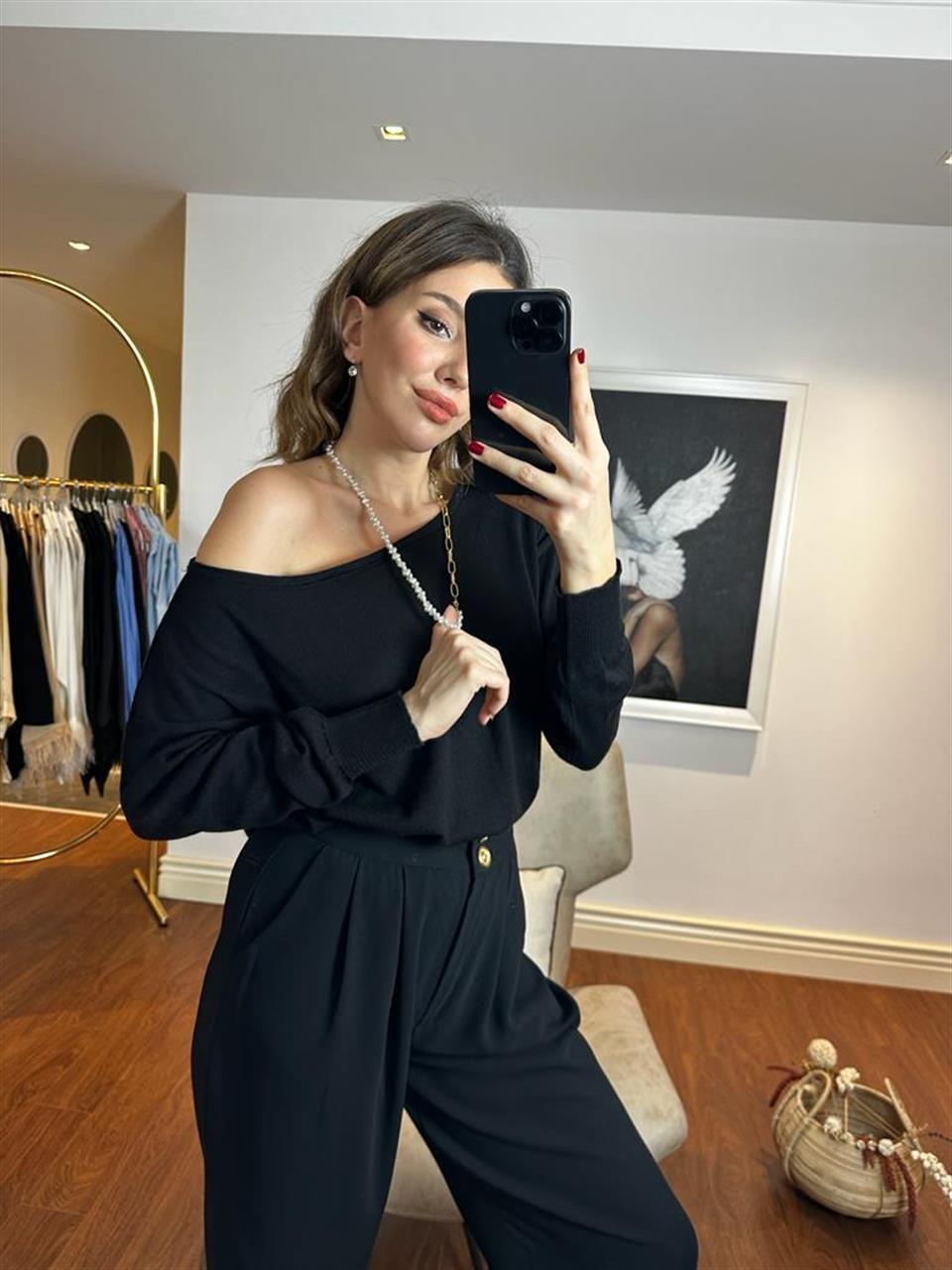 Kayık Yaka Baharlık Elit İnce Triko Siyah 230252