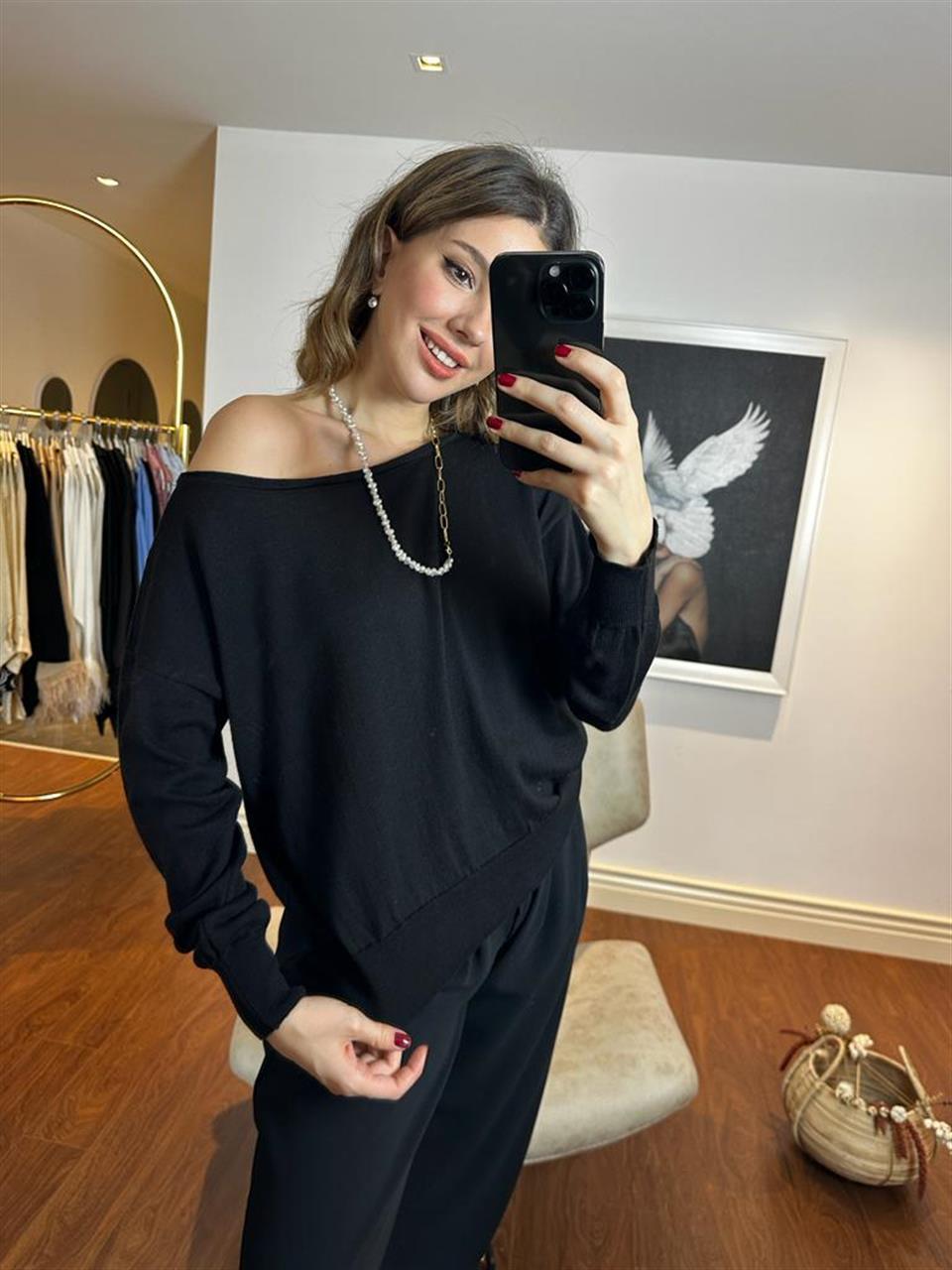 Kayık Yaka Baharlık Elit İnce Triko Siyah 230252
