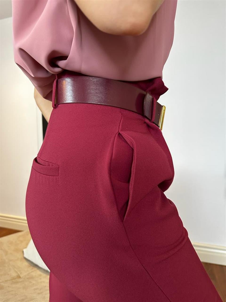 Kemerli Bordo Havuç Pantolon 7488