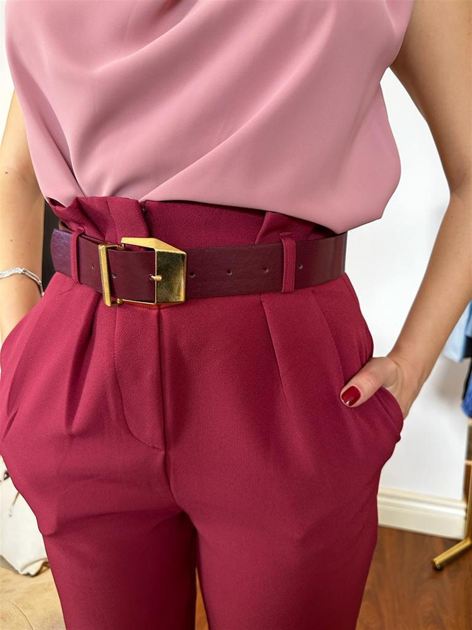 Kemerli Bordo Havuç Pantolon 7488