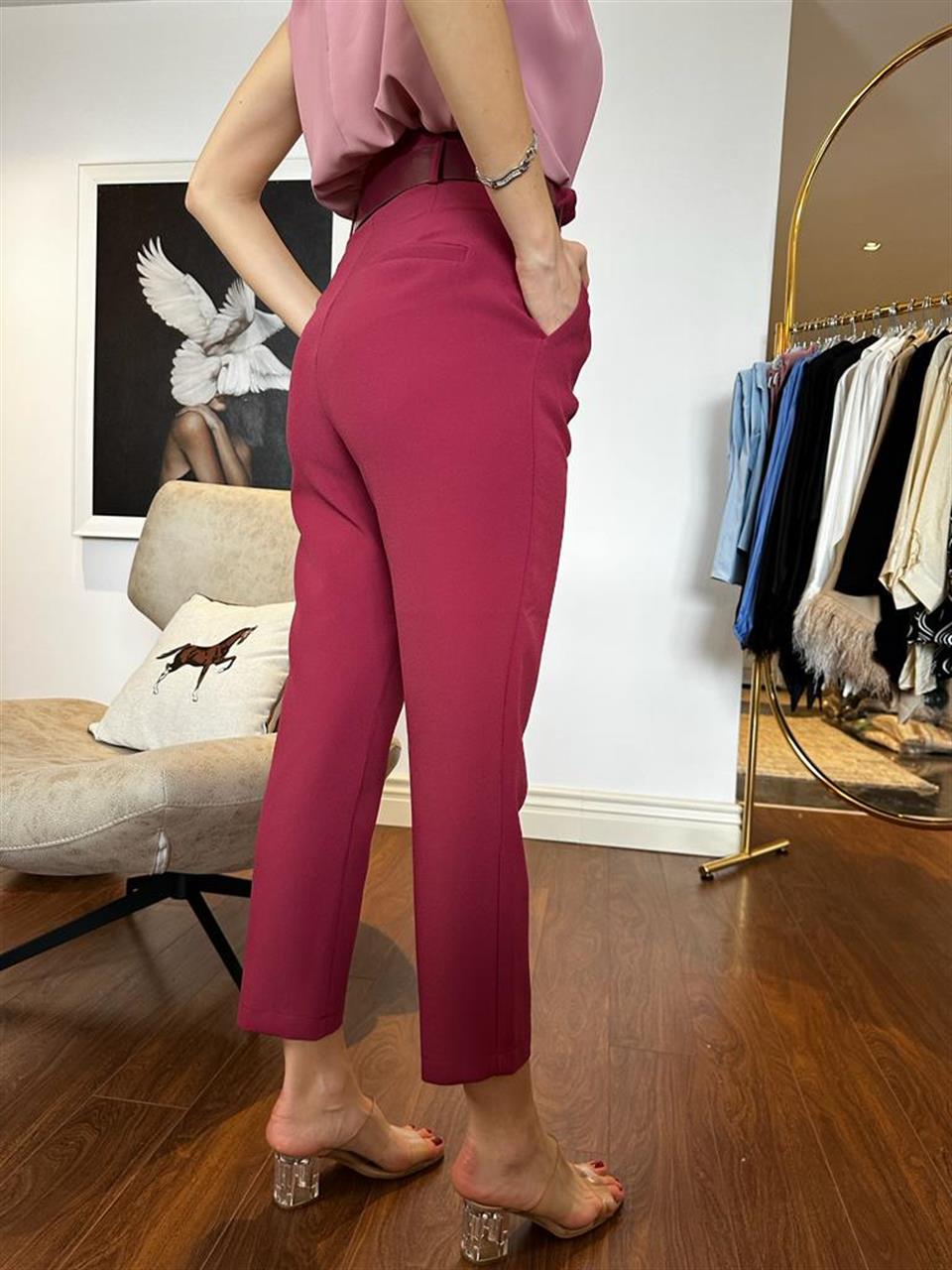 Kemerli Bordo Havuç Pantolon 7488