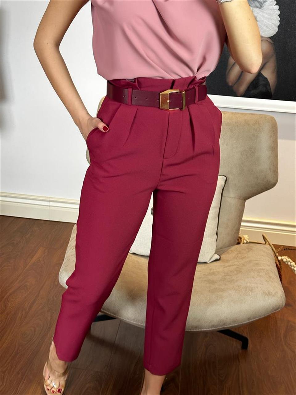 Kemerli Bordo Havuç Pantolon 7488