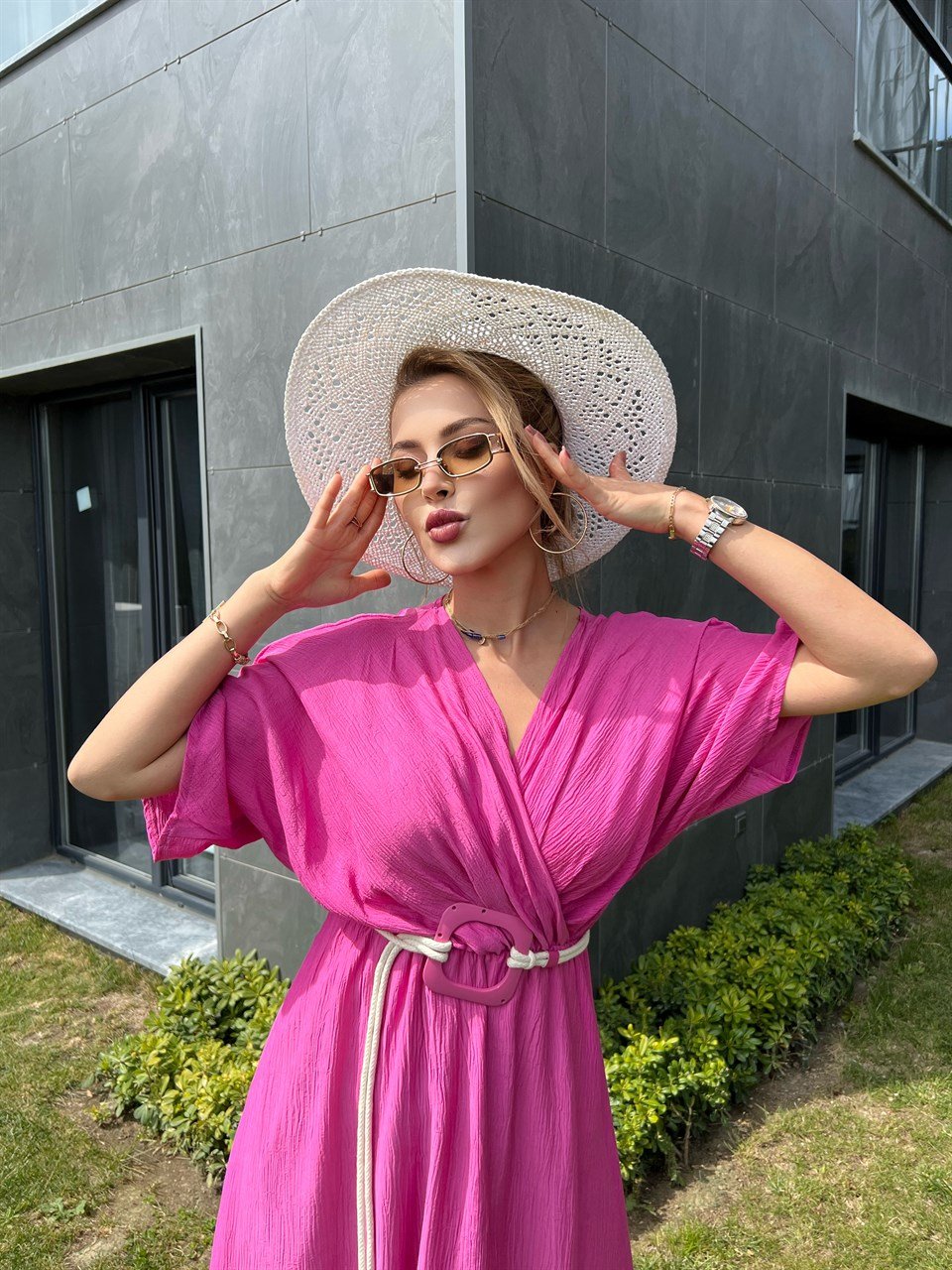 Kemerli Pembe Sasha Elbise