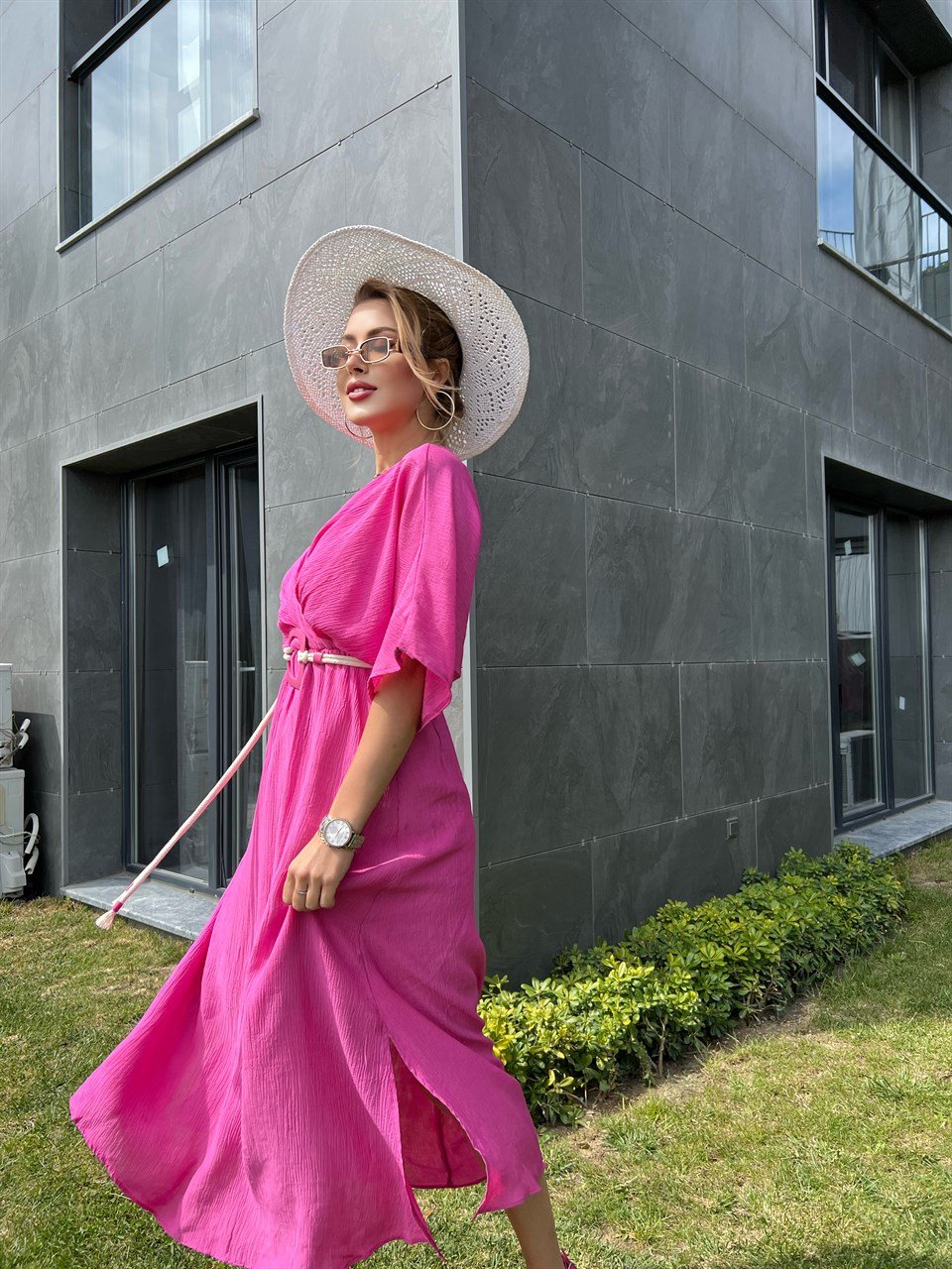 Kemerli Pembe Sasha Elbise