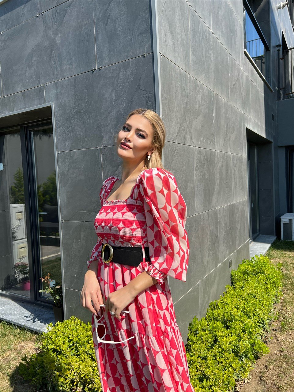Kırmızı Dolunay Kemerli Astarlı Şifon Elbise